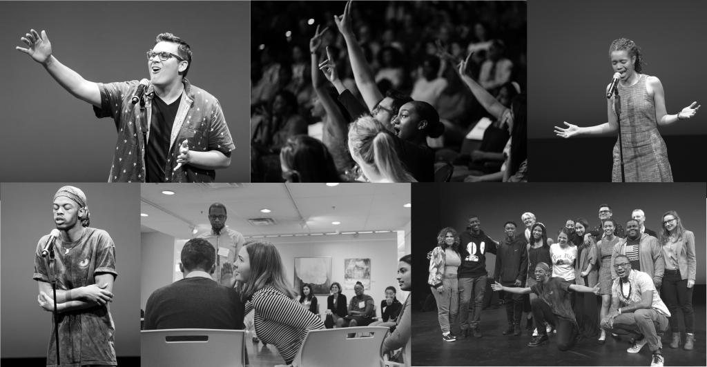 Multiple black and white images of youth programs in action, including youth poets on stage performing poems, youth sitting together at a workshop, youth posing for a group picture, and youth in the audience at an event cheering.