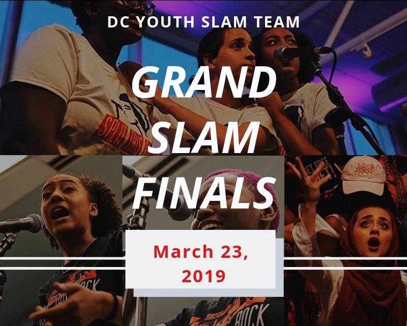 Flyer for Grand Slam Finals which includes a collage of images of youth poets mostly standing at microphones wearing Split This Rock t-shirts.