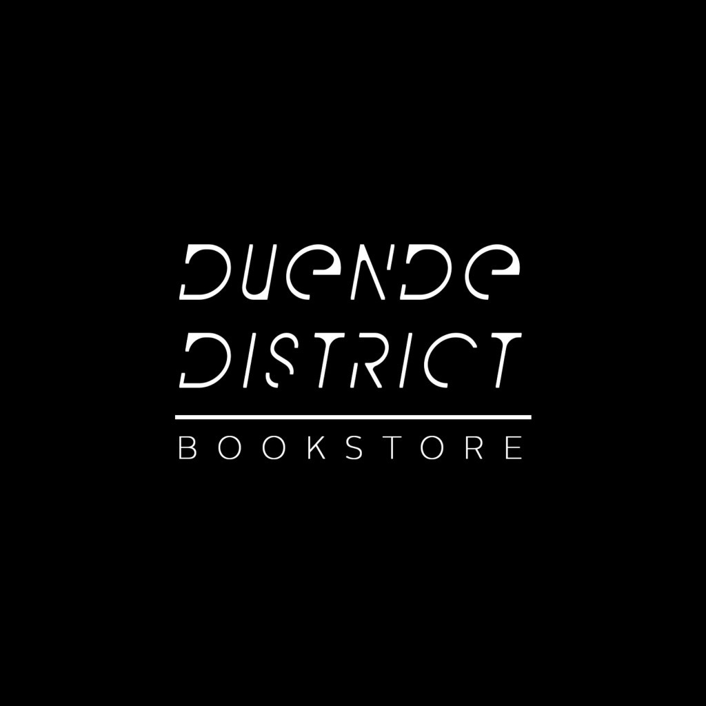 White Duende Bookstore logo with a black background