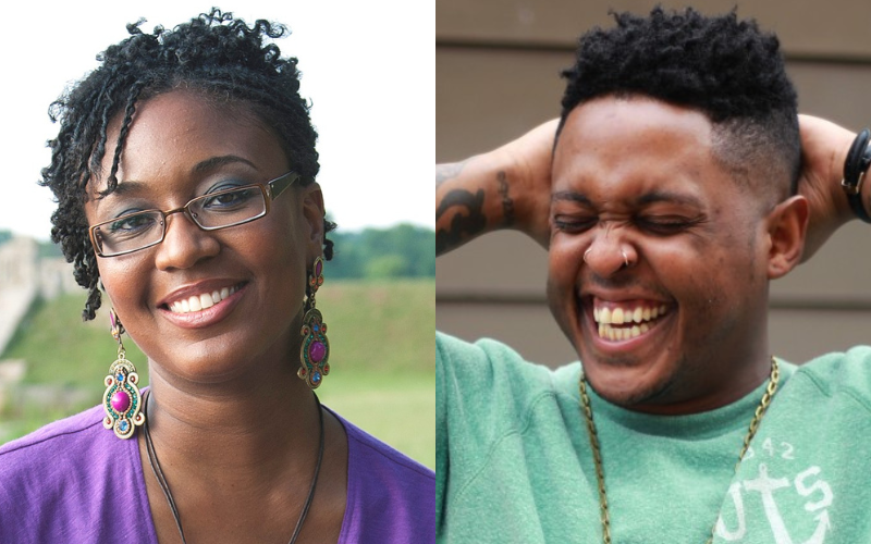 Photos of Camisha Jones and Danez Smith. Camisha Jones smiles while sitting outside in a park. Behind her there is grass, trees, and a bridge in the distance. She has brown skin and her hair is styled in two-strand twists. She wears glasses, dangling earrings decorated with jewel-toned stones, a necklace, and a v-neck purple dress.. Danez Smith wears a mint green t-shirt and a gold necklace. They hold both hands behind their head and laugh with their eyes closed.