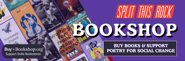 The background is bright purple with a collage of book covers from one of Split This Rock's curated book lists. On the right is Split This Rock's red logo with the following text: 