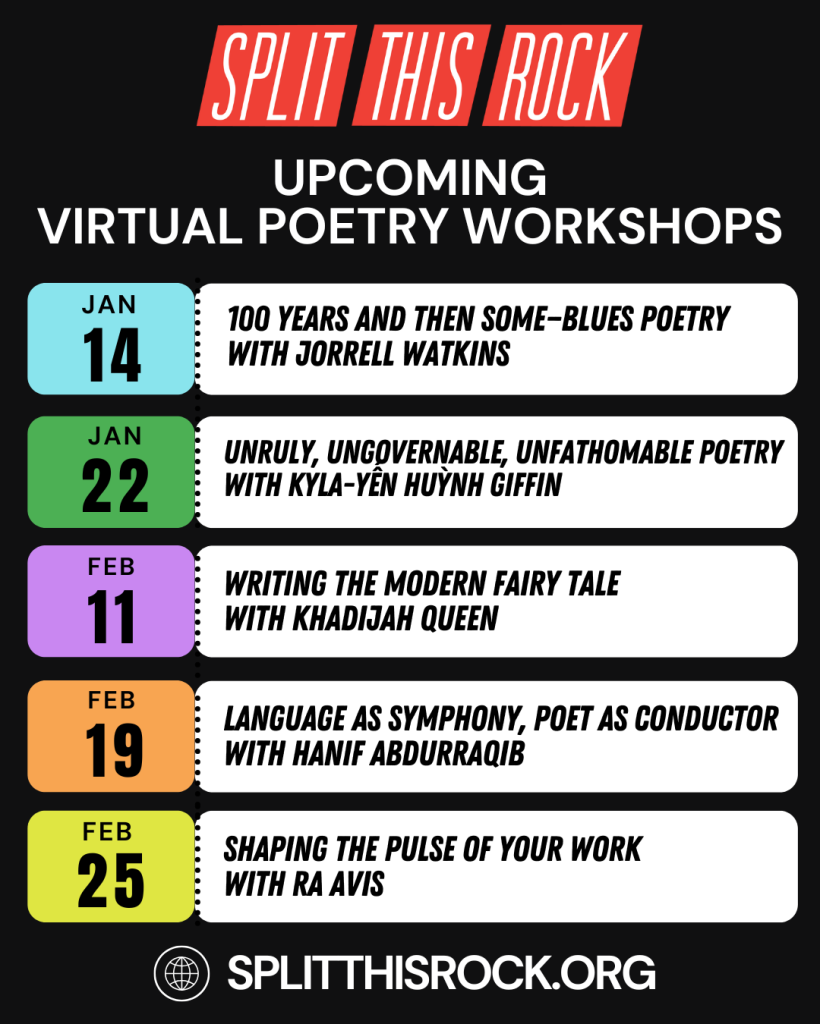 Split This Rock’s red logo at the top. Over a black background, a bold white heading: 