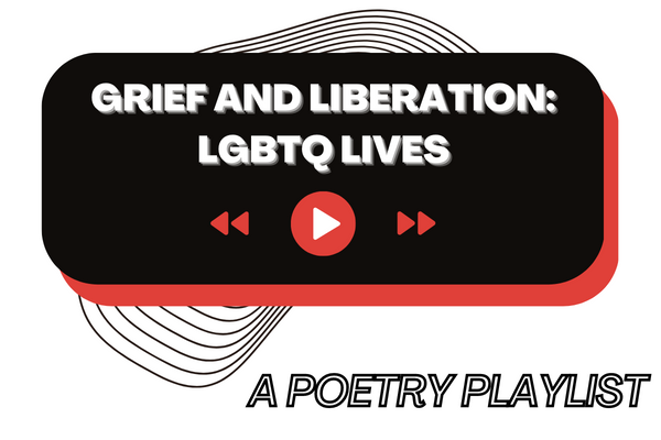 Over a black rectangle with a red shadow and rounded corners, bold white text reads “Grief and Liberation: LGBTQ Lives” with red rewind, play, and fast forward icons below. Behind the rectangle, there are thin concentric geometric lines which peek out at the top and bottom. In the lower right corner, italicized outlined text reads 