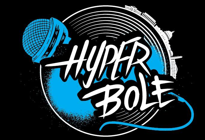 Image of Hyper Bole logo. The words Hyper Bole appear over black, white, and blue images of a microphone, concentric circles, and the outline of DC buildings.