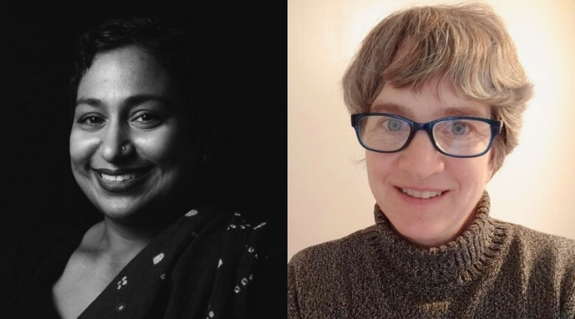 Collage image of Sunu Chandy and Amy Young. Sunu appears in black and white with a bright smile. Amy has a slight smile and wears a brown turtleneck sweater and eye glasses.