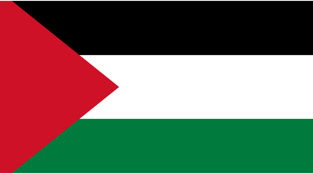 Graphic of the flag of Palestine. The flag has three equal horizontal stripes (black, white, and green from top to bottom) overlaid by a red triangle. The base of the triangle begins on the left side of the flag.