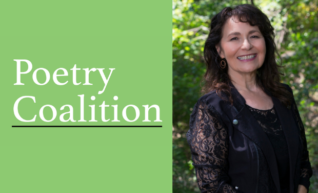 Light green rectangle with Poetry Coalition logo on the left and a photo of poet and workshop facilitator Kimberly Blaeser on the right. Kimberly Blaeser is standing in a wooded area, wearing a long-sleeved black lace jacket and Indigenous geometric print skirt. 