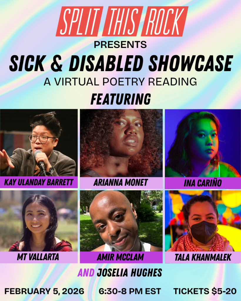 Over an abstract pastel blue, purple, and pink background, Split This Rock's red logo appears above bold text which reads: 